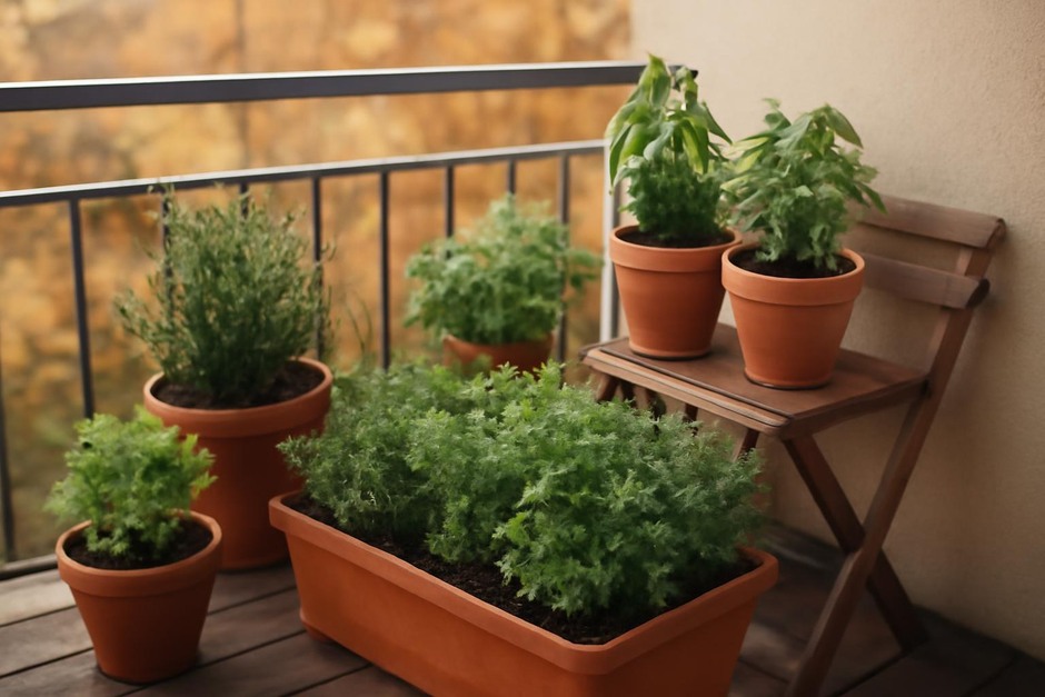 Small balcony with containers of herbs in soft autumn light