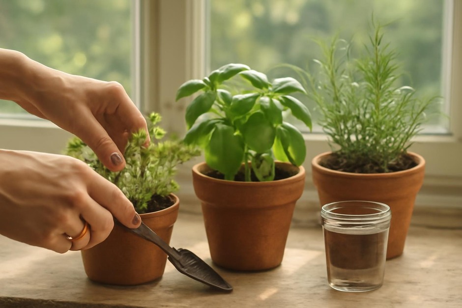 Hands tending a small herb garden on a sunny windowsill