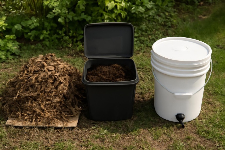 Three composting methods side by side: cold pile, worm bin, and bokashi bucket