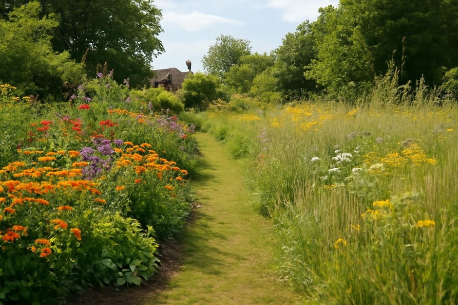 A home garden with flower beds on one side and a native meadow on the other