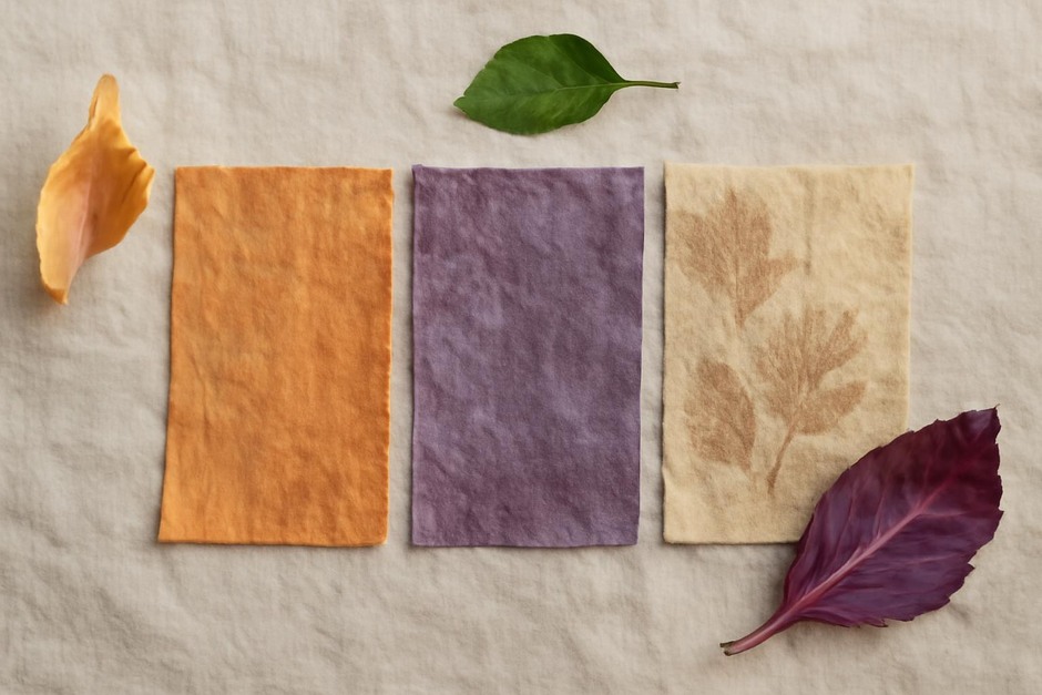 Hand-dyed fabric samples in soft orange, purple and leaf-imprint tones