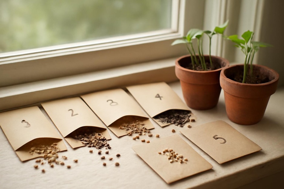 Dried seeds in paper envelopes and seedlings on a sunny windowsill