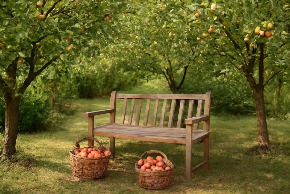 A small orchard nook with a wooden bench shaded by fruit trees and woven baskets of apples