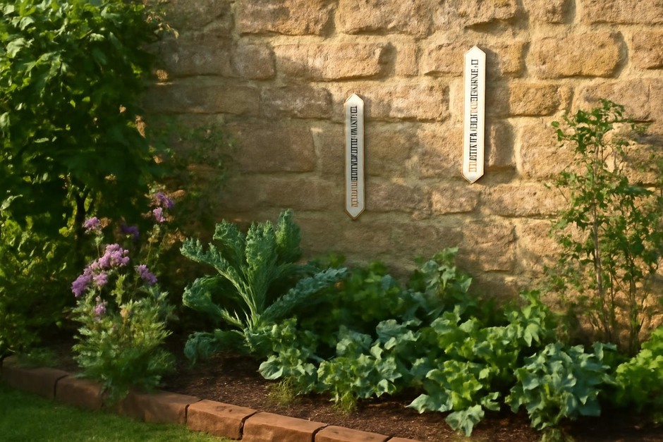 A small backyard with sunlight on a stone wall and garden thermometers