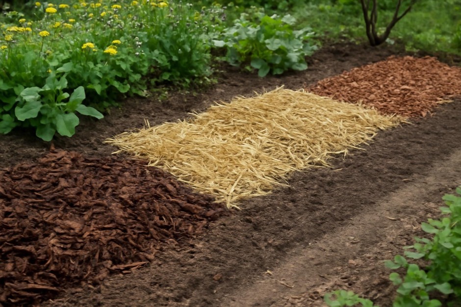 Different mulches laid out along garden beds