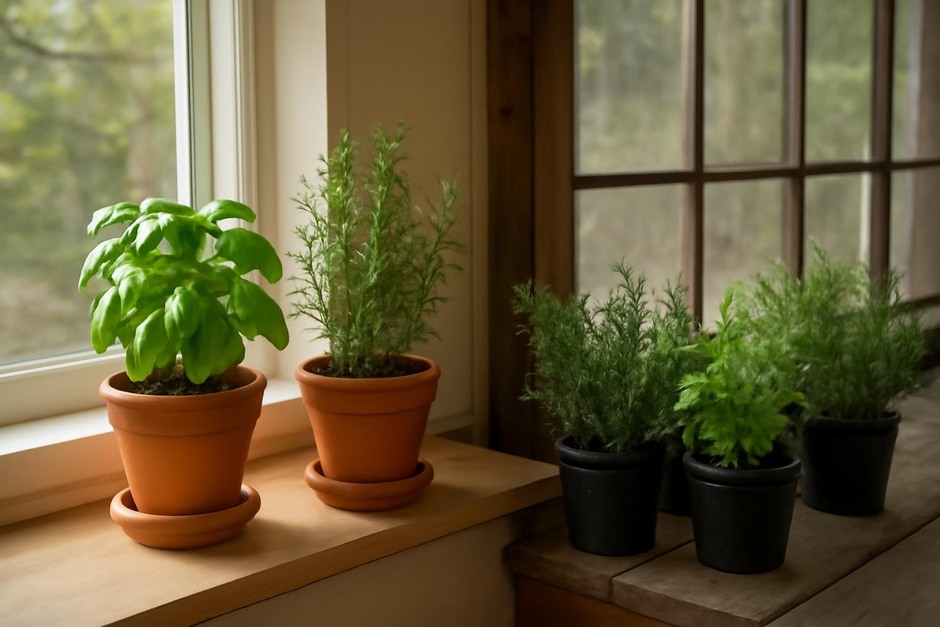 Pots of basil and rosemary on a sunny windowsill beside a row of herbs in an unheated porch
