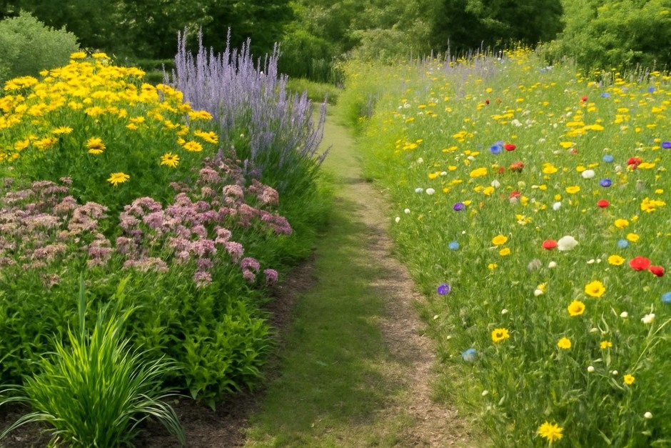 A garden border showing clumps of native perennials beside a seeded meadow strip in bloom