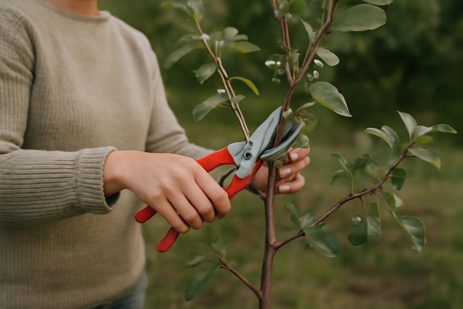Person pruning a small fruit tree with clean secateurs