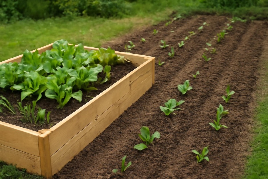 A raised wooden vegetable bed beside a patch of in-ground garden rows