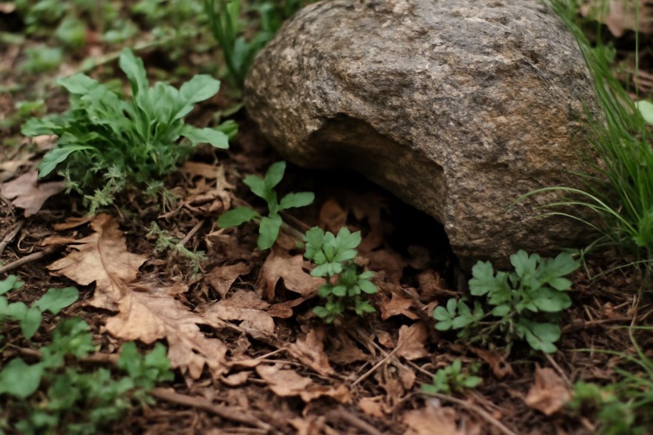 Close-up of a small garden microhabitat with leaf litter, a rock crevice, and low native plants