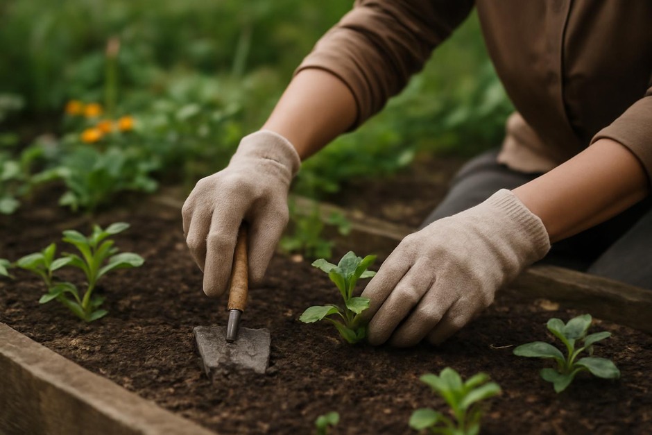 Hands tending a small garden bed with a trowel and gloves